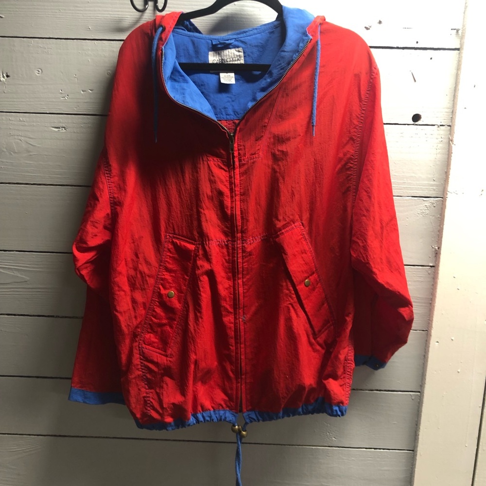 Cabin Creek Womens Long Length Rain Jacket Red and Blue Small
